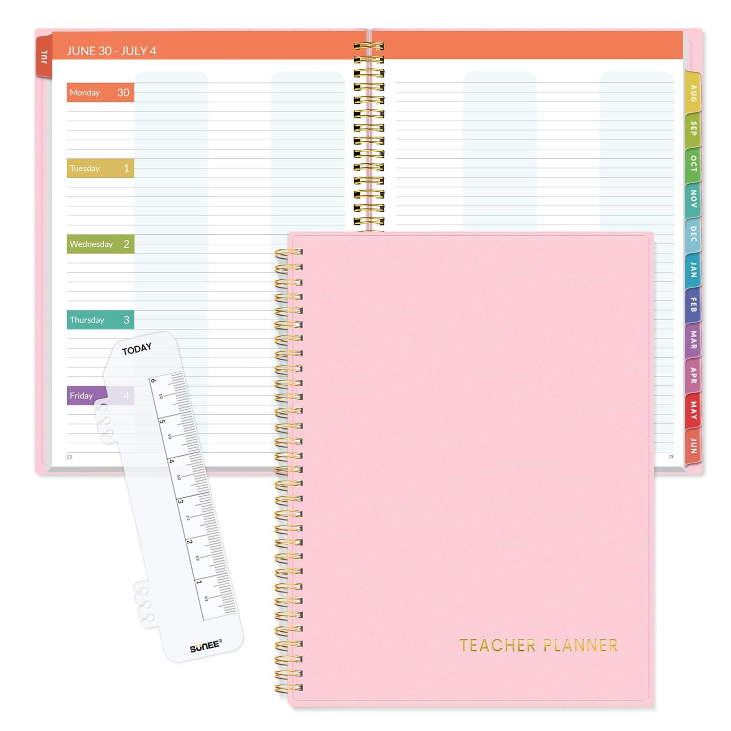 SUNEE Teacher Planner 2025-2026 Academic Year, Lite Lesson Planner Book with 7 Periods Jul 2025 - Jun 2026, 8.5"x11" Daily Weekly and Monthly Organizers, Plan Book with Pocket Folder, Color Tabs,Black