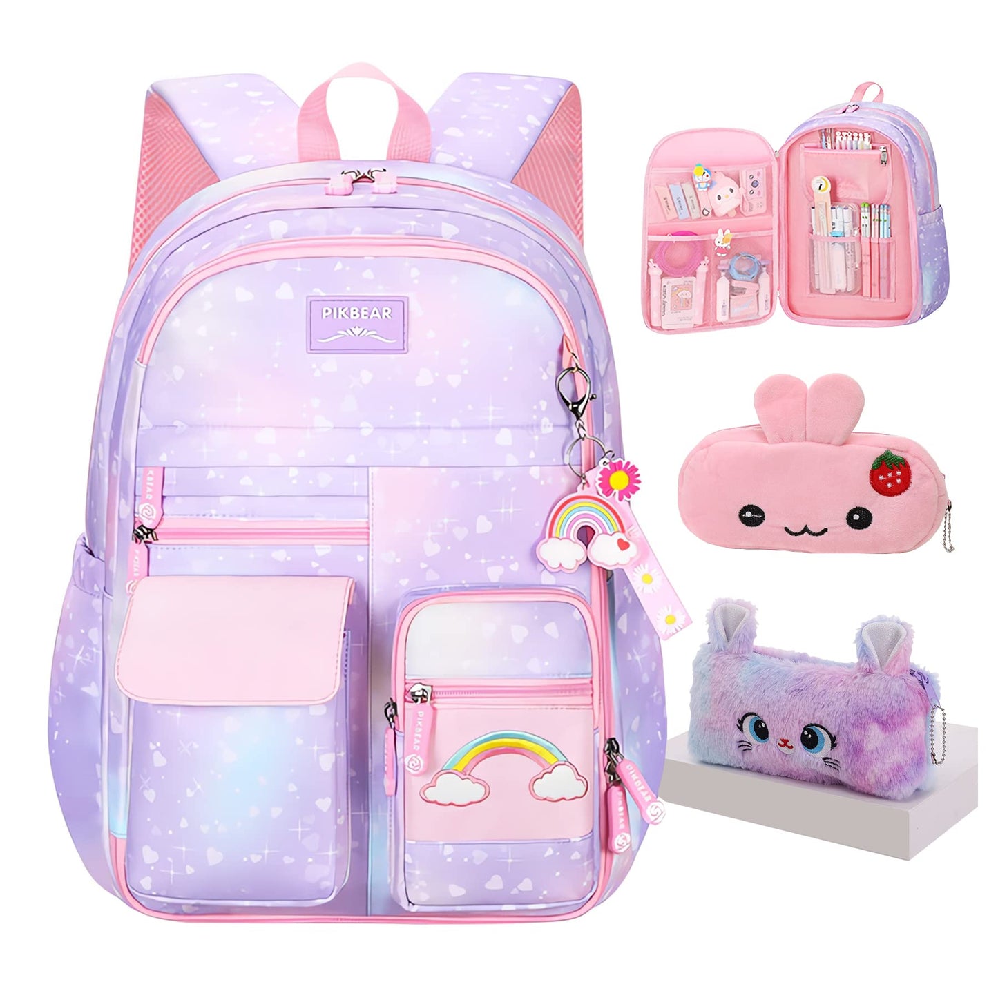 Rainbow Backpack For Girls Kids,Cute Student School Backpack With Pen Bag,Aesthetic Starry Rainbow Laptop Travel Bag