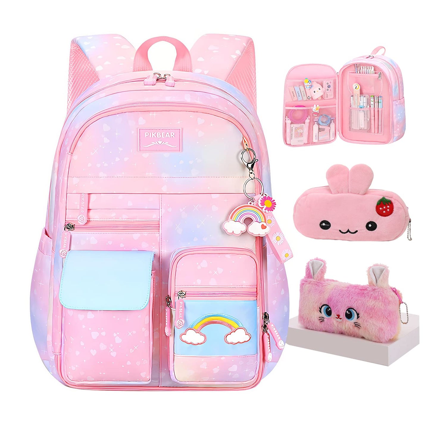 Rainbow Backpack For Girls Kids,Cute Student School Backpack With Pen Bag,Aesthetic Starry Rainbow Laptop Travel Bag
