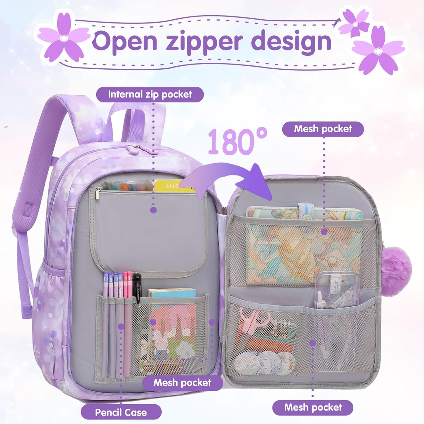 Lovely Girls Backpack School Bag for Students Kids Book Bag with Multiple Pockets Splash-proof Children's Backpack(17inch Purple)