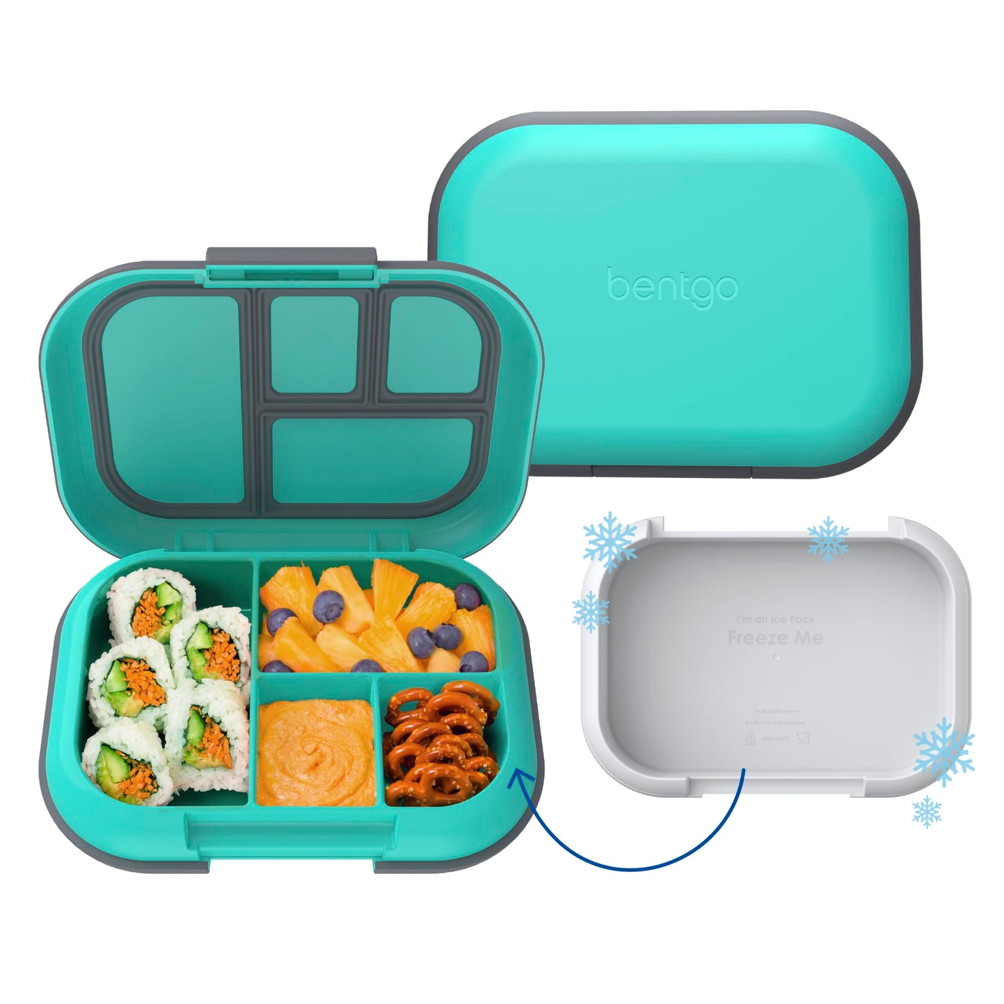 Bentgo Chill Kids Leak-Proof Lunch Box - 4-Compartment Bento Box with Built-In Ice Pack, 3.3 Cup Capacity, PFAS & BPA-Free, Microwave & Dishwasher Safe, Ideal Size for Ages 3 to 7 (Aqua)