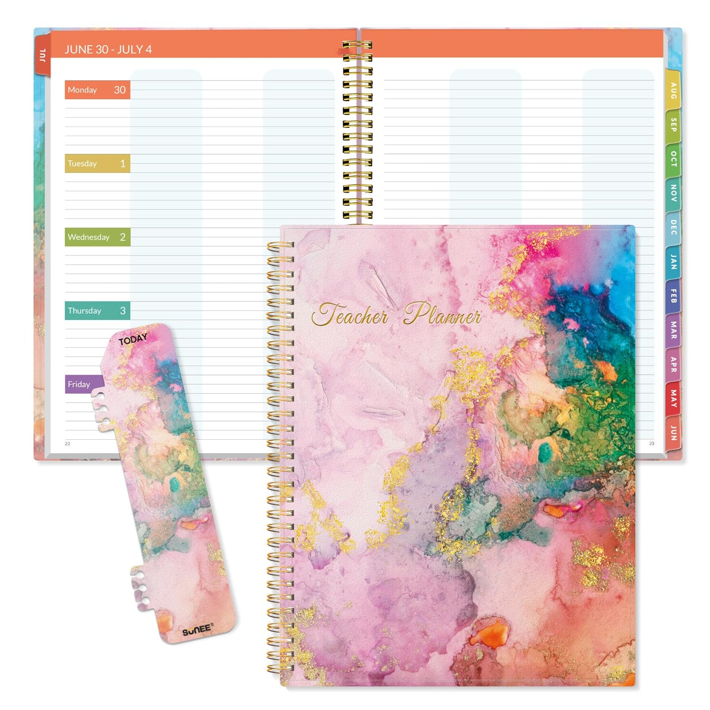 SUNEE Teacher Planner 2025-2026 Academic Year, Lite Lesson Planner Book with 7 Periods Jul 2025 - Jun 2026, 8.5"x11" Daily Weekly and Monthly Organizers, Plan Book with Pocket Folder, Color Tabs,Black