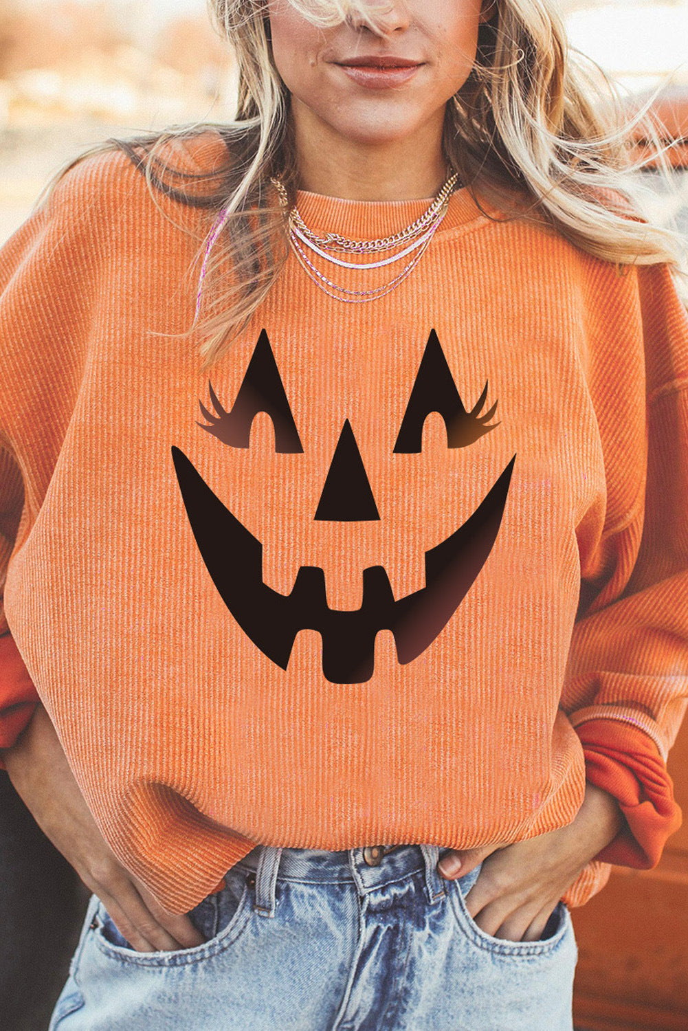 Women’s Fashion Halloween Sweater – Pumpkin Head Design Cozy Fall Pullover - SKY SUPPLYIFY 