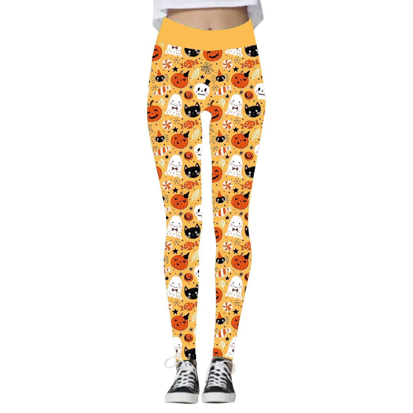 Halloween Women’s Yoga Pants – Pumpkin & Skull Print Activewear - SKY SUPPLYIFY 