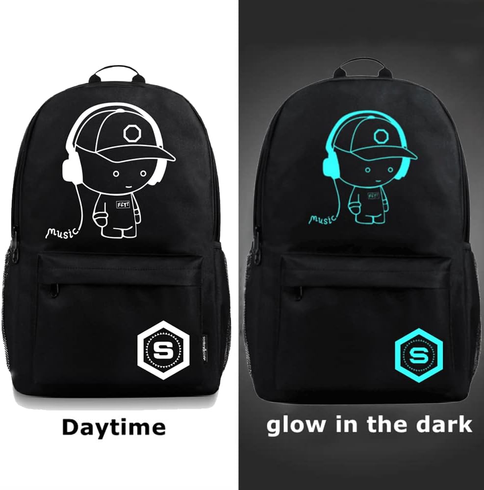 FLYMEI Bookbags for Teen Boys, Anime Cartoon Luminous Backpack with USB Charging Port, 17 Inch Laptop Backpack for Men, School Backpack for Girls/Boys, Cool Anime Backpack, Black