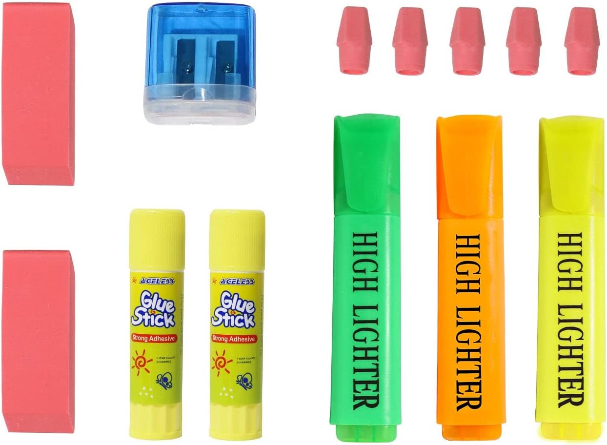 52 Piece Bulk School Supplies Kit for K-12 - Pens, Pencils, Crayons, and More - Essential Box of School Supplies for Elementary, Middle, and High School Students