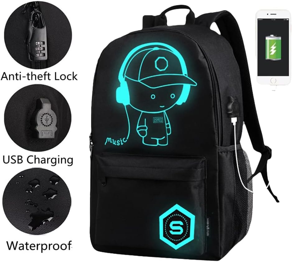 FLYMEI Bookbags for Teen Boys, Anime Cartoon Luminous Backpack with USB Charging Port, 17 Inch Laptop Backpack for Men, School Backpack for Girls/Boys, Cool Anime Backpack, Black