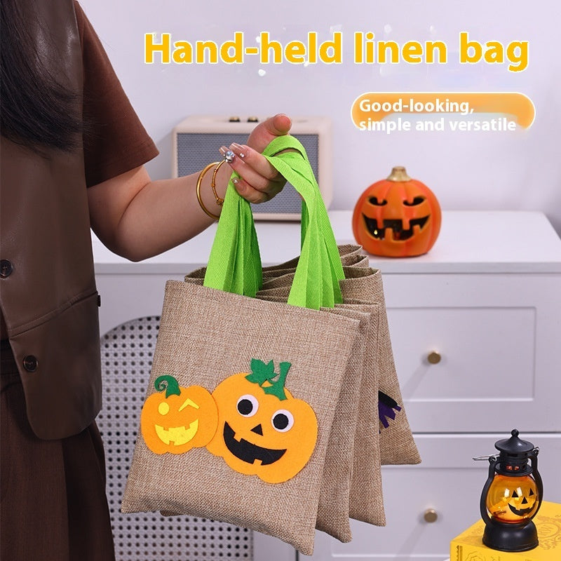 Halloween Pumpkin Design Burlap Handbag – Eco-Friendly Rustic Fall Tote for Halloween - SKY SUPPLYIFY 