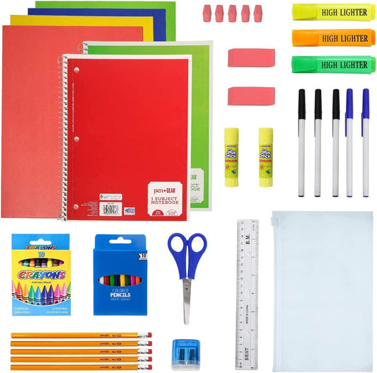 52 Piece Bulk School Supplies Kit for K-12 - Pens, Pencils, Crayons, and More - Essential Box of School Supplies for Elementary, Middle, and High School Students