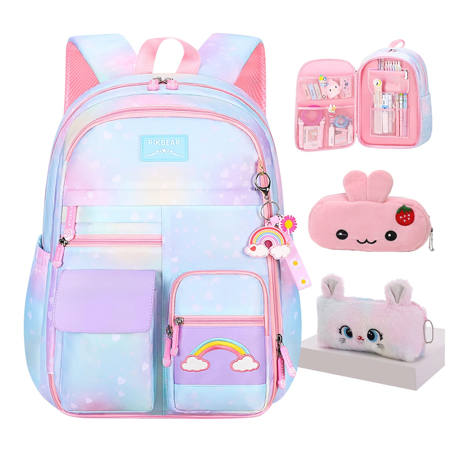 Rainbow Backpack For Girls Kids,Cute Student School Backpack With Pen Bag,Aesthetic Starry Rainbow Laptop Travel Bag