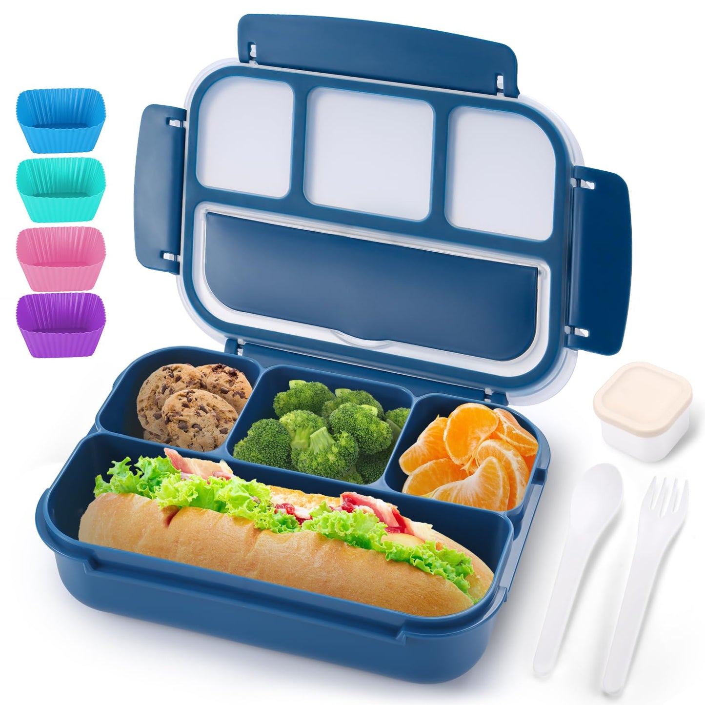 Bento Box Adult Lunch Box for Men Women, Bento Lunch Box for Kids Boys Girls School, Lunch Containers for Adults with 4 Compartments, Utensil set, Sauce Container, Muffin Cup, Dark Green