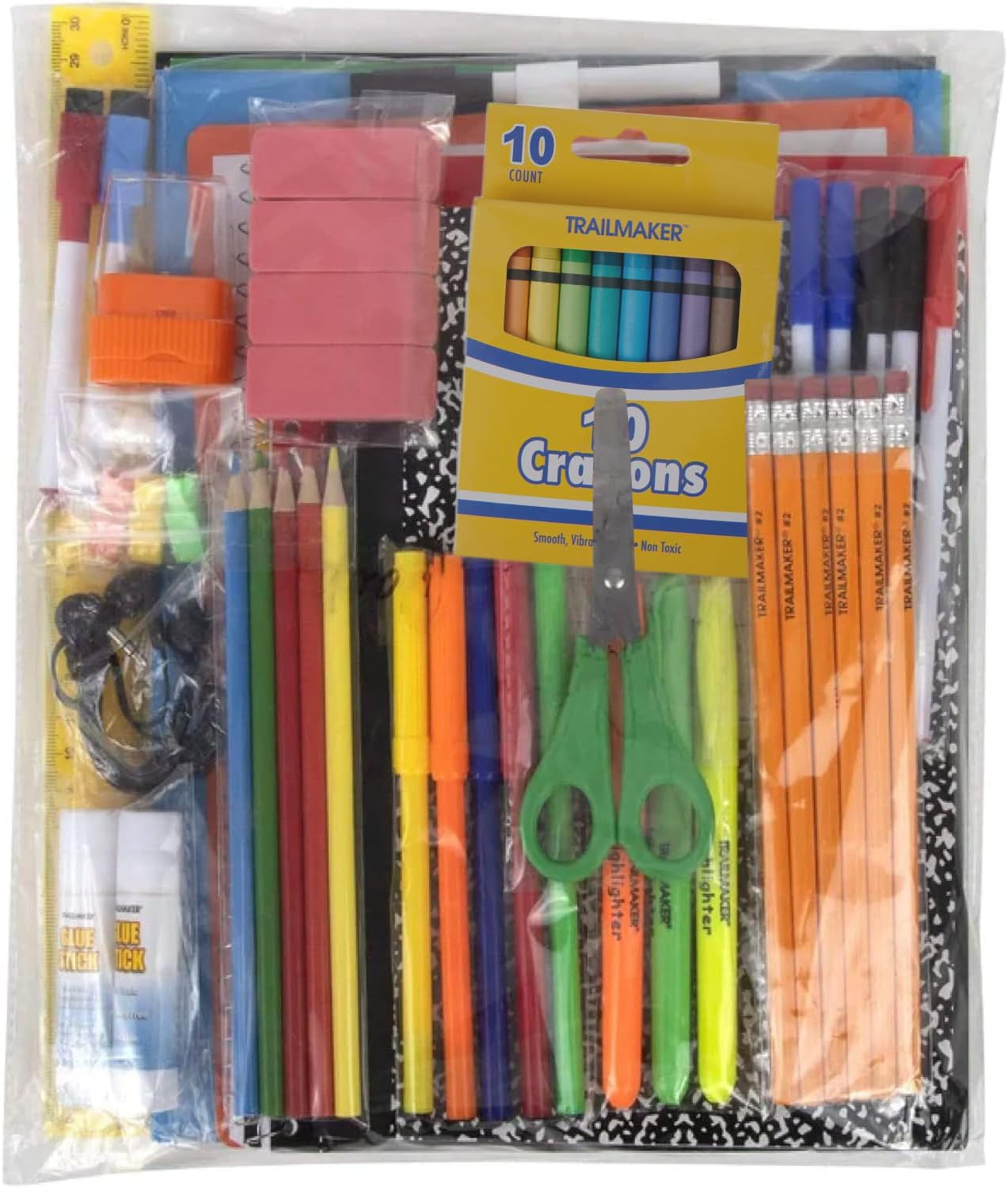 Trail maker Back to School Supplies 60 Piece Bundle Kit for Girls, Boys, Kids, Back to School Supply Box Set Includes Notebooks, Folders, Composition Book, Headphones, Ruler, and More