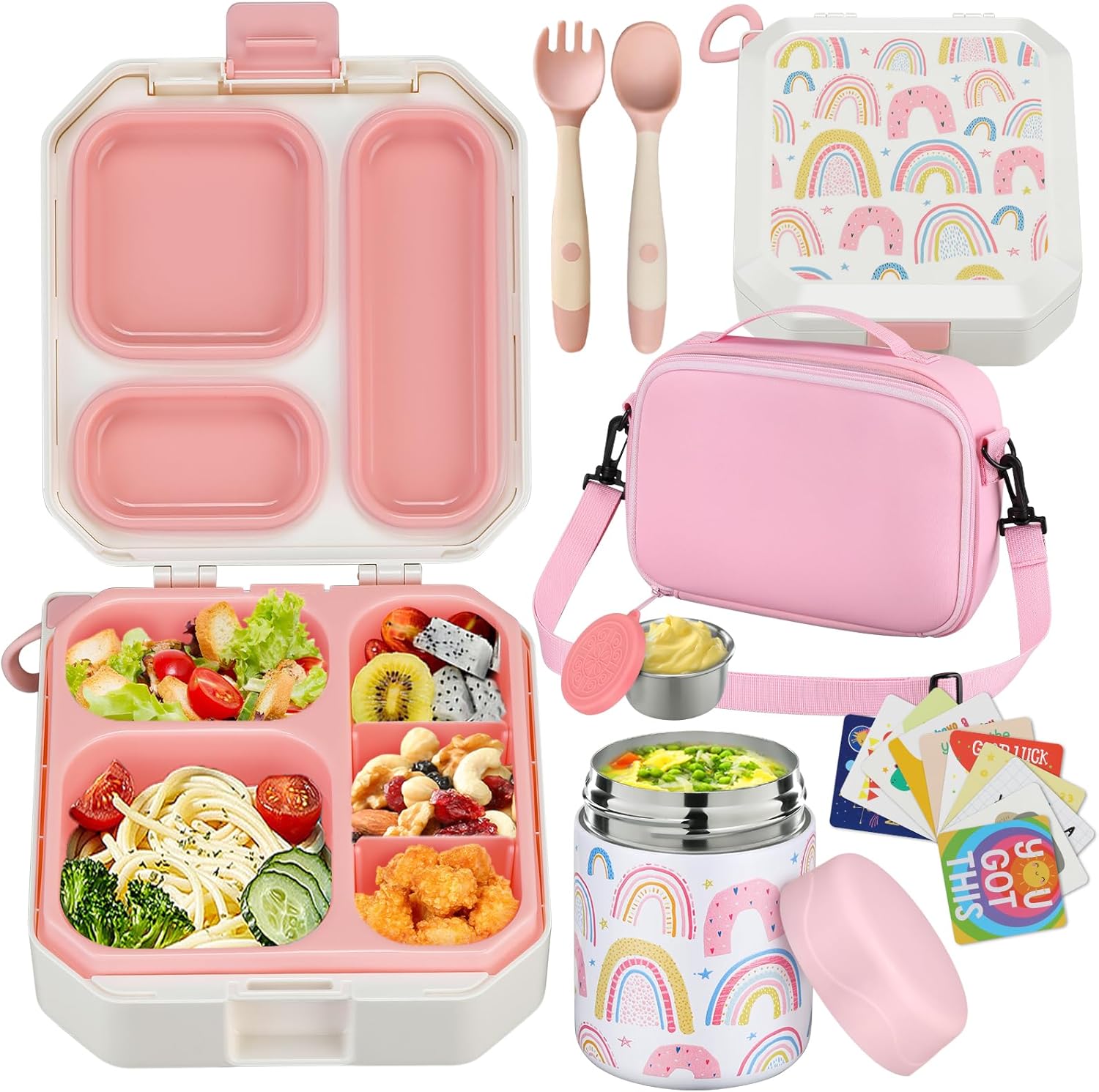 Bento Lunch Box for Kids with 12oz Soup Thermo Leak-Proof Lunch Food Container with 5 Compartment Thermo Hot Food Jar and Insulated Lunch Bag for Kid Toddler Girls Boys to School