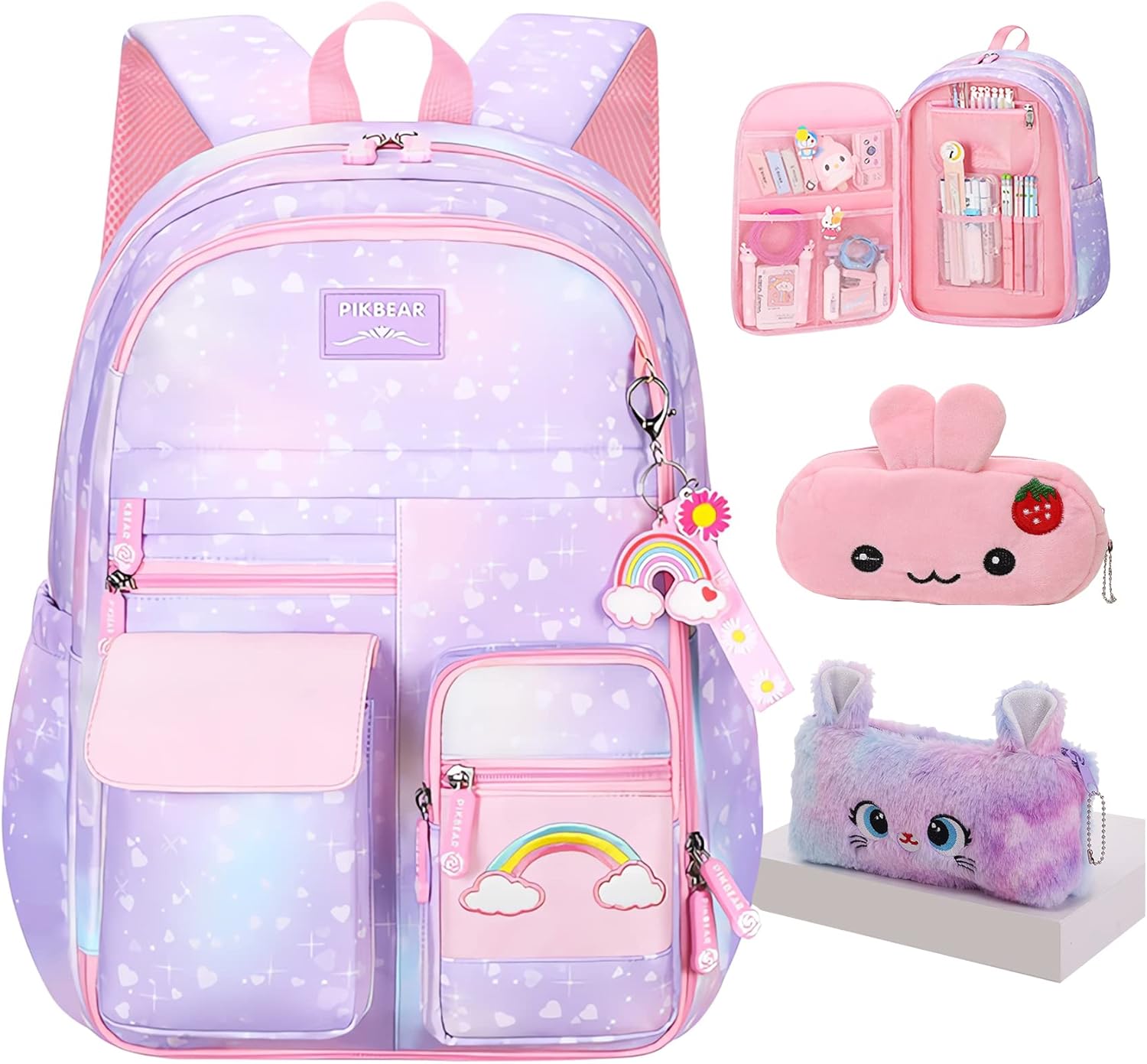 Rainbow Backpack For Girls Kids,Cute Student School Backpack With Pen Bag,Aesthetic Starry Rainbow Laptop Travel Bag