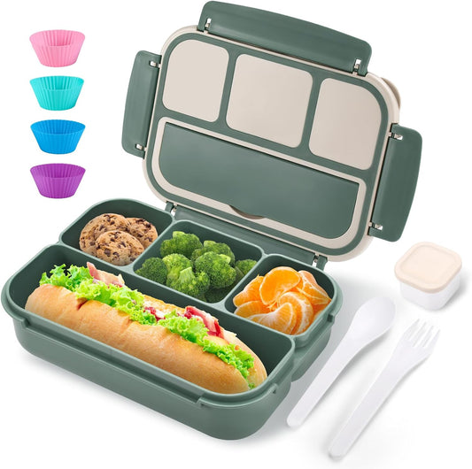 Bento Box Adult Lunch Box for Men Women, Bento Lunch Box for Kids Boys Girls School, Lunch Containers for Adults with 4 Compartments, Utensil set, Sauce Container, Muffin Cup, Dark Green