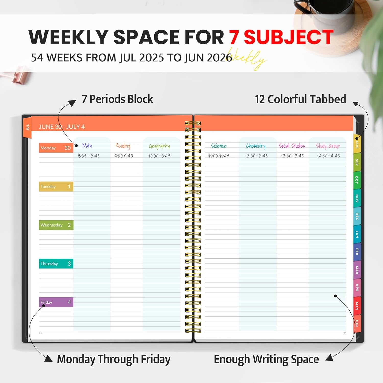 SUNEE Teacher Planner 2025-2026 Academic Year, Lite Lesson Planner Book with 7 Periods Jul 2025 - Jun 2026, 8.5"x11" Daily Weekly and Monthly Organizers, Plan Book with Pocket Folder, Color Tabs,Black