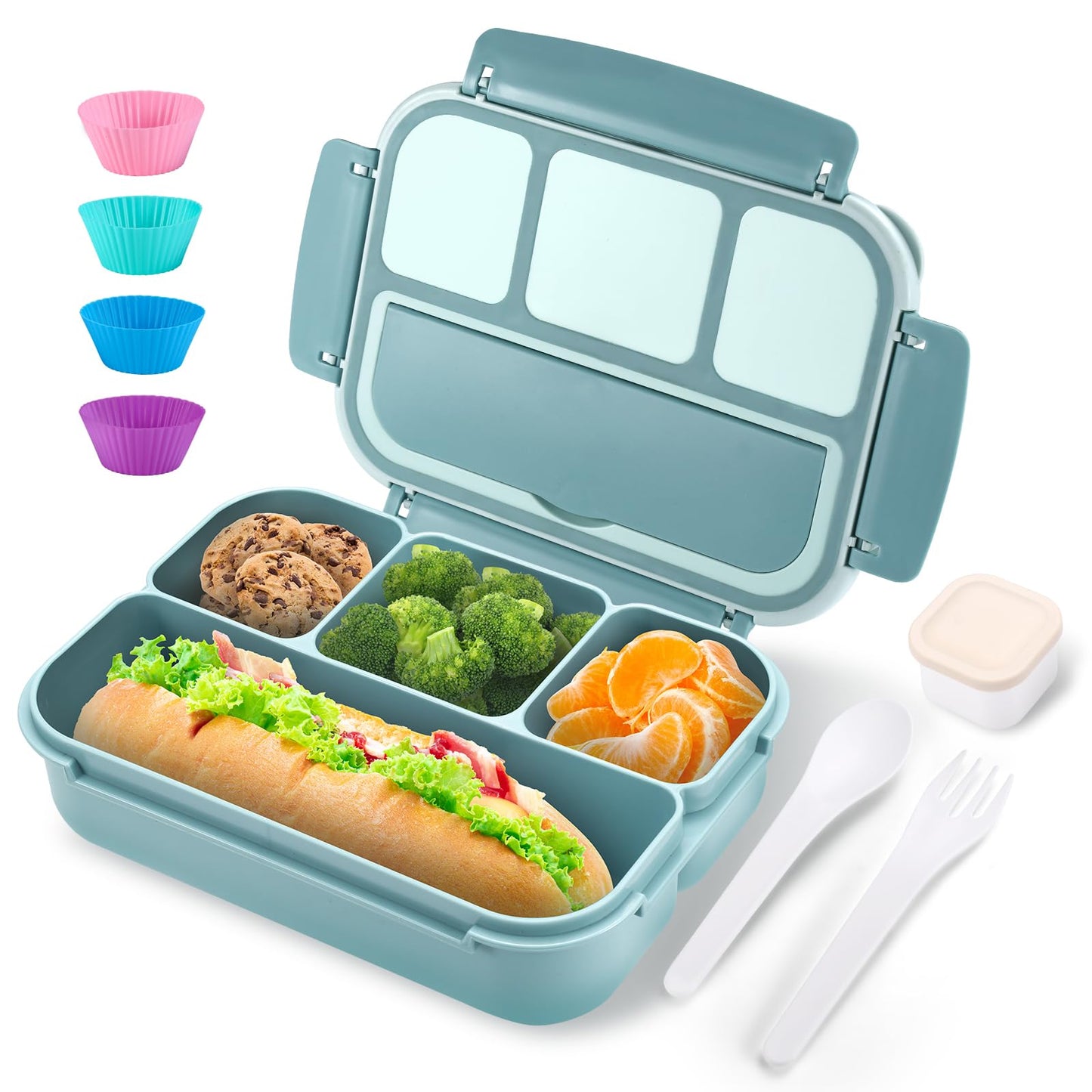 Bento Box Adult Lunch Box for Men Women, Bento Lunch Box for Kids Boys Girls School, Lunch Containers for Adults with 4 Compartments, Utensil set, Sauce Container, Muffin Cup, Dark Green
