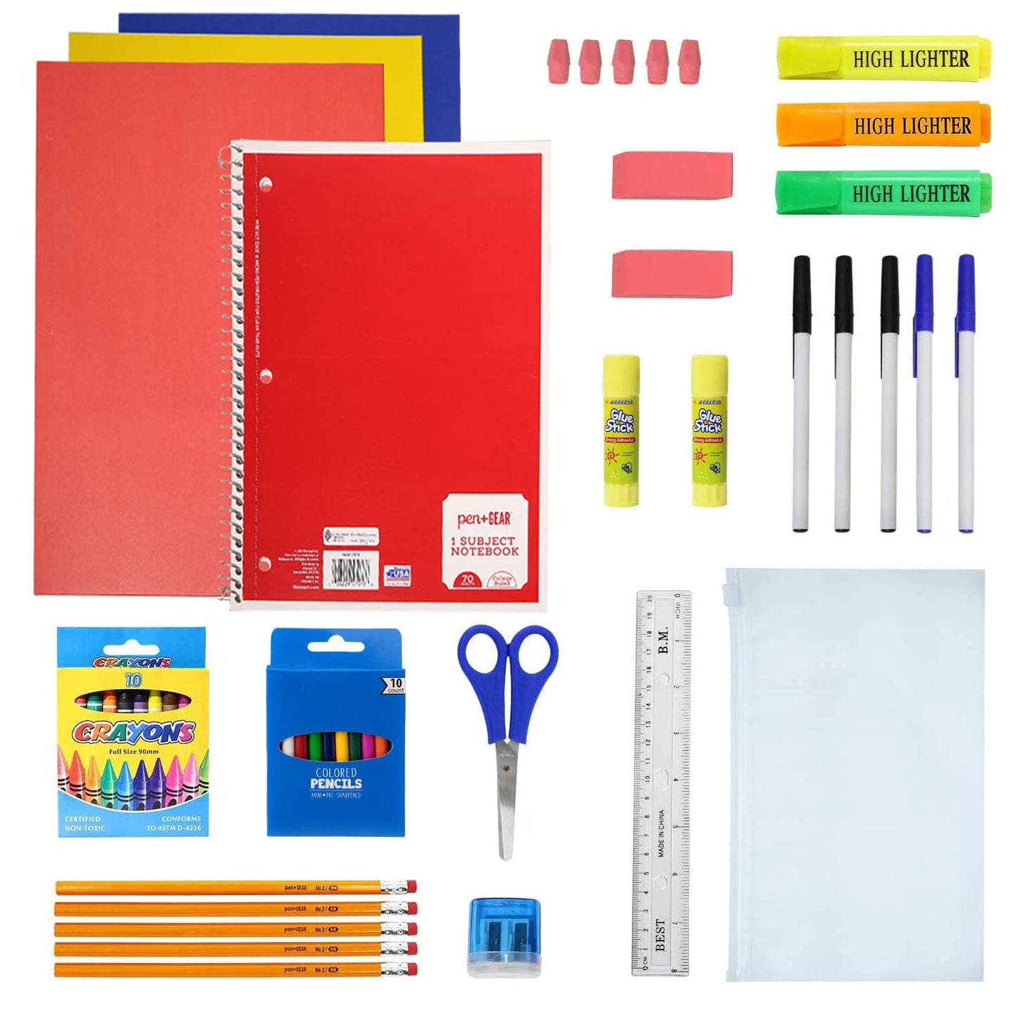 52 Piece Bulk School Supplies Kit for K-12 - Pens, Pencils, Crayons, and More - Essential Box of School Supplies for Elementary, Middle, and High School Students