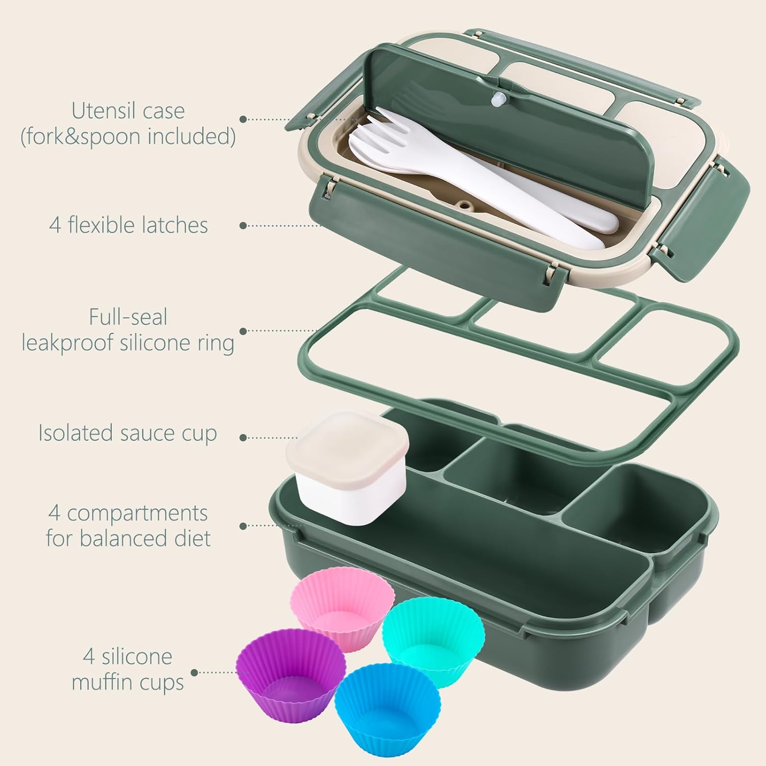 Bento Box Adult Lunch Box for Men Women, Bento Lunch Box for Kids Boys Girls School, Lunch Containers for Adults with 4 Compartments, Utensil set, Sauce Container, Muffin Cup, Dark Green