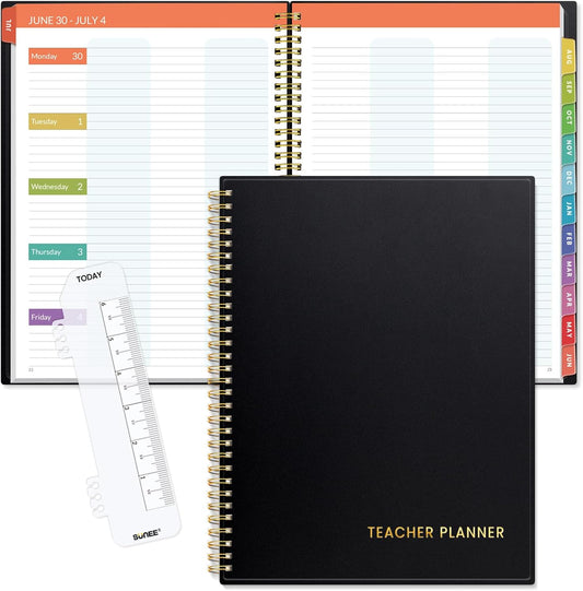 SUNEE Teacher Planner 2025-2026 Academic Year, Lite Lesson Planner Book with 7 Periods Jul 2025 - Jun 2026, 8.5"x11" Daily Weekly and Monthly Organizers, Plan Book with Pocket Folder, Color Tabs,Black