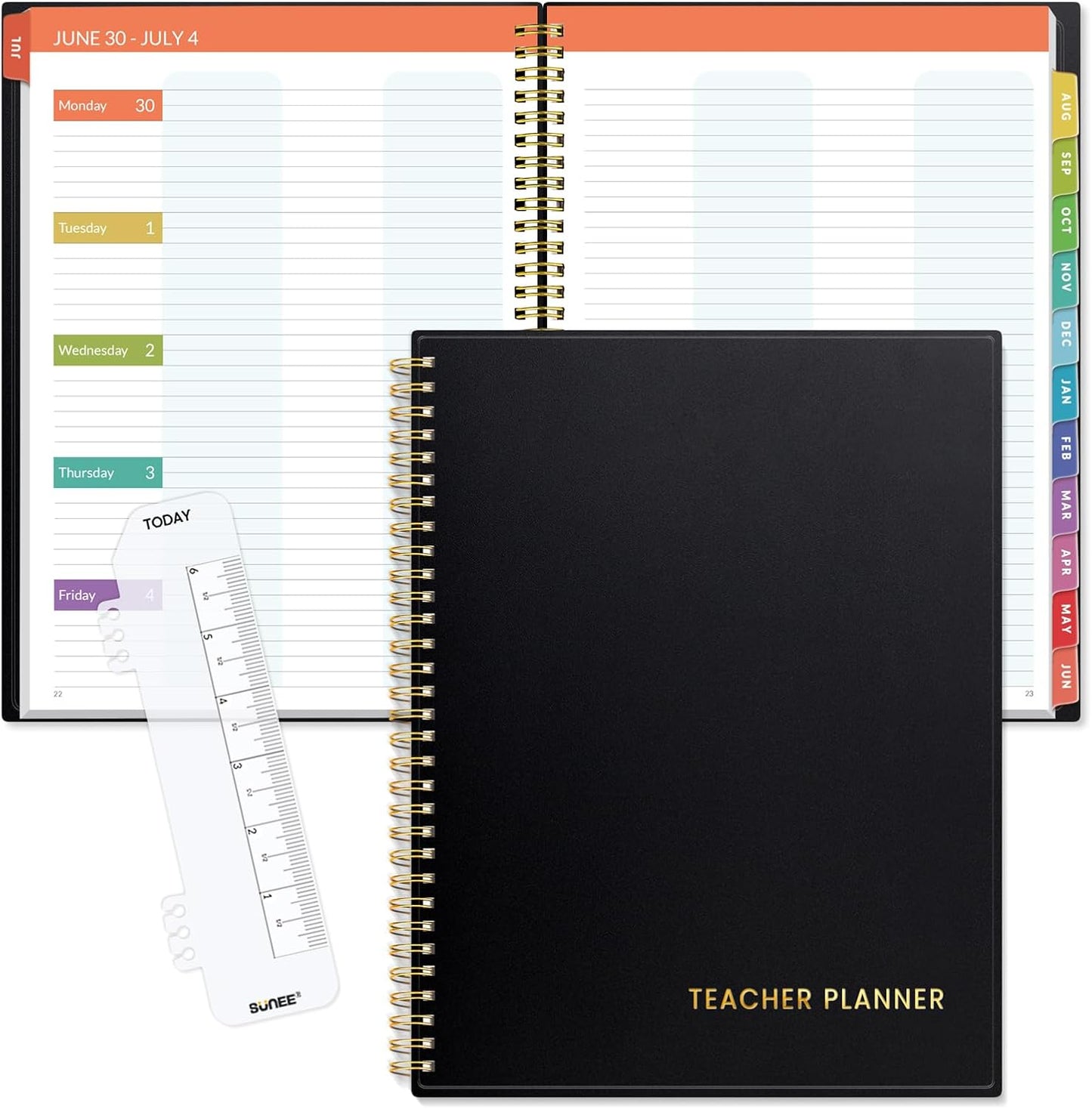 SUNEE Teacher Planner 2025-2026 Academic Year, Lite Lesson Planner Book with 7 Periods Jul 2025 - Jun 2026, 8.5"x11" Daily Weekly and Monthly Organizers, Plan Book with Pocket Folder, Color Tabs,Black