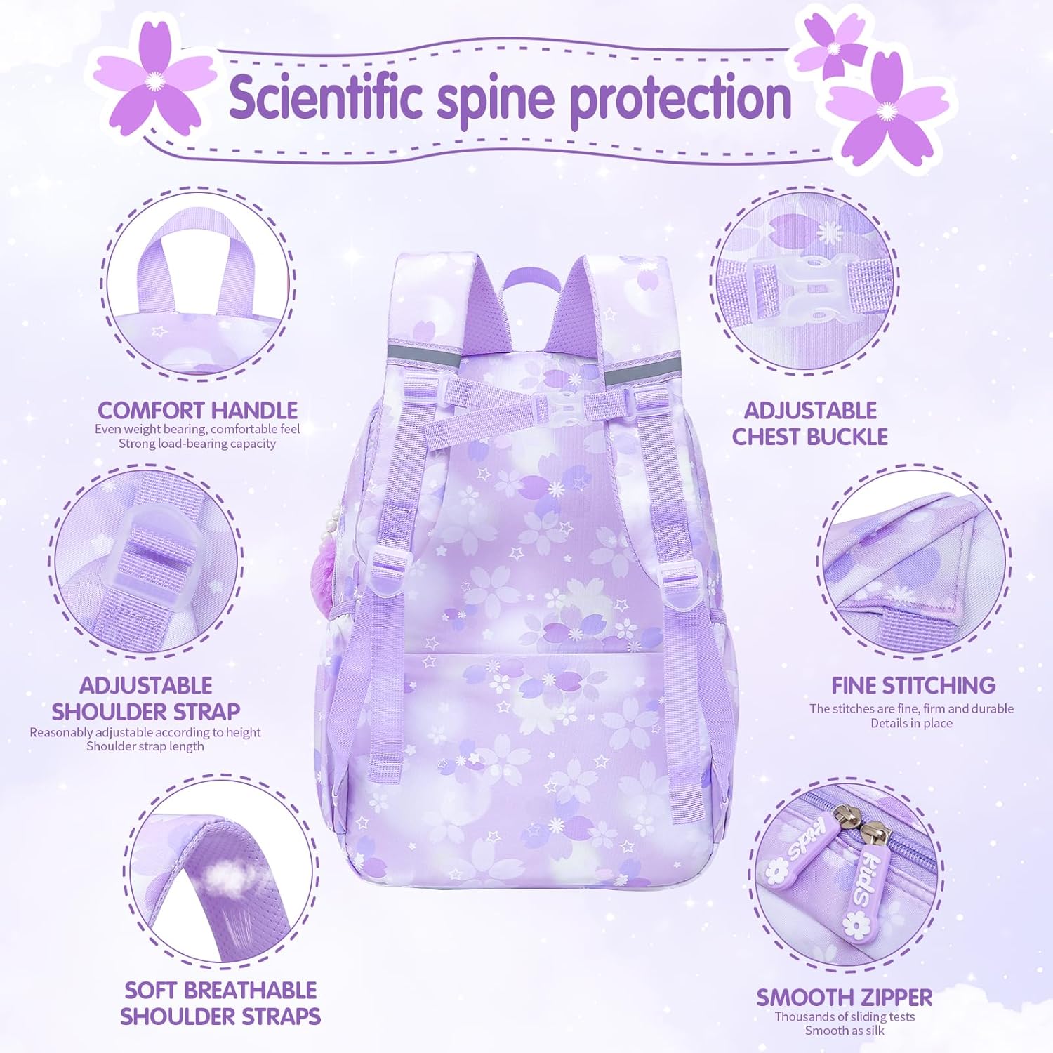 Lovely Girls Backpack School Bag for Students Kids Book Bag with Multiple Pockets Splash-proof Children's Backpack（17inch Purple）