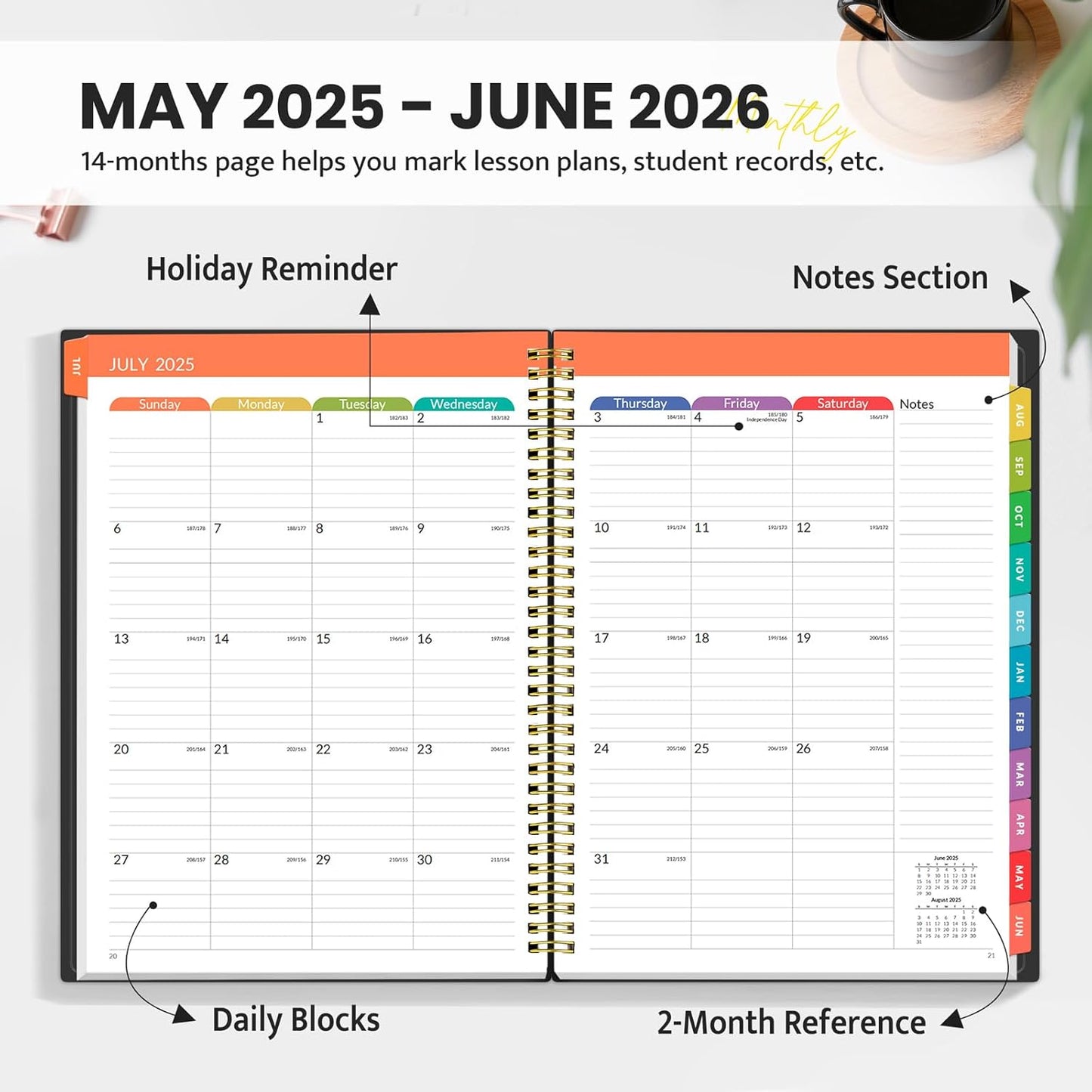 SUNEE Teacher Planner 2025-2026 Academic Year, Lite Lesson Planner Book with 7 Periods Jul 2025 - Jun 2026, 8.5"x11" Daily Weekly and Monthly Organizers, Plan Book with Pocket Folder, Color Tabs,Black