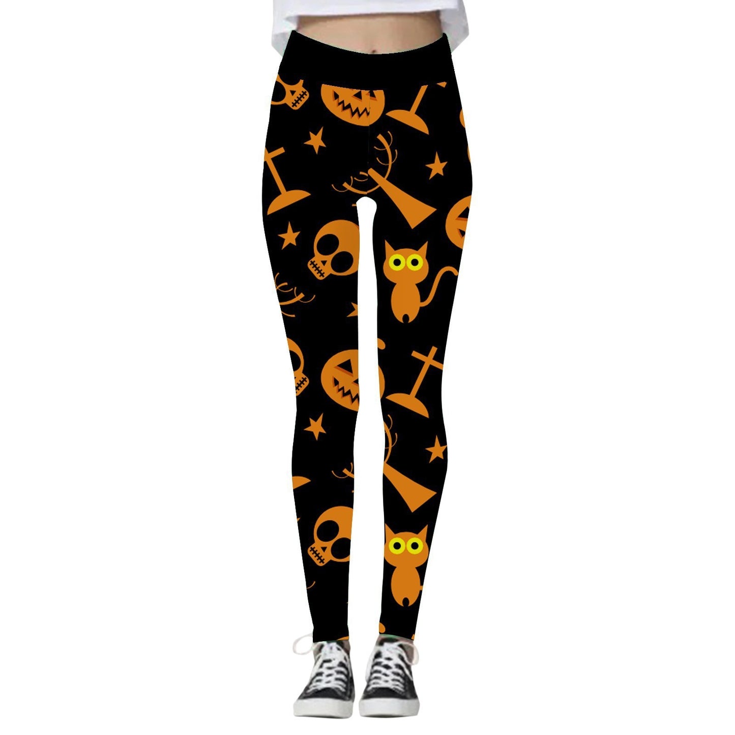 Halloween Women’s Yoga Pants – Pumpkin & Skull Print Activewear - SKY SUPPLYIFY 