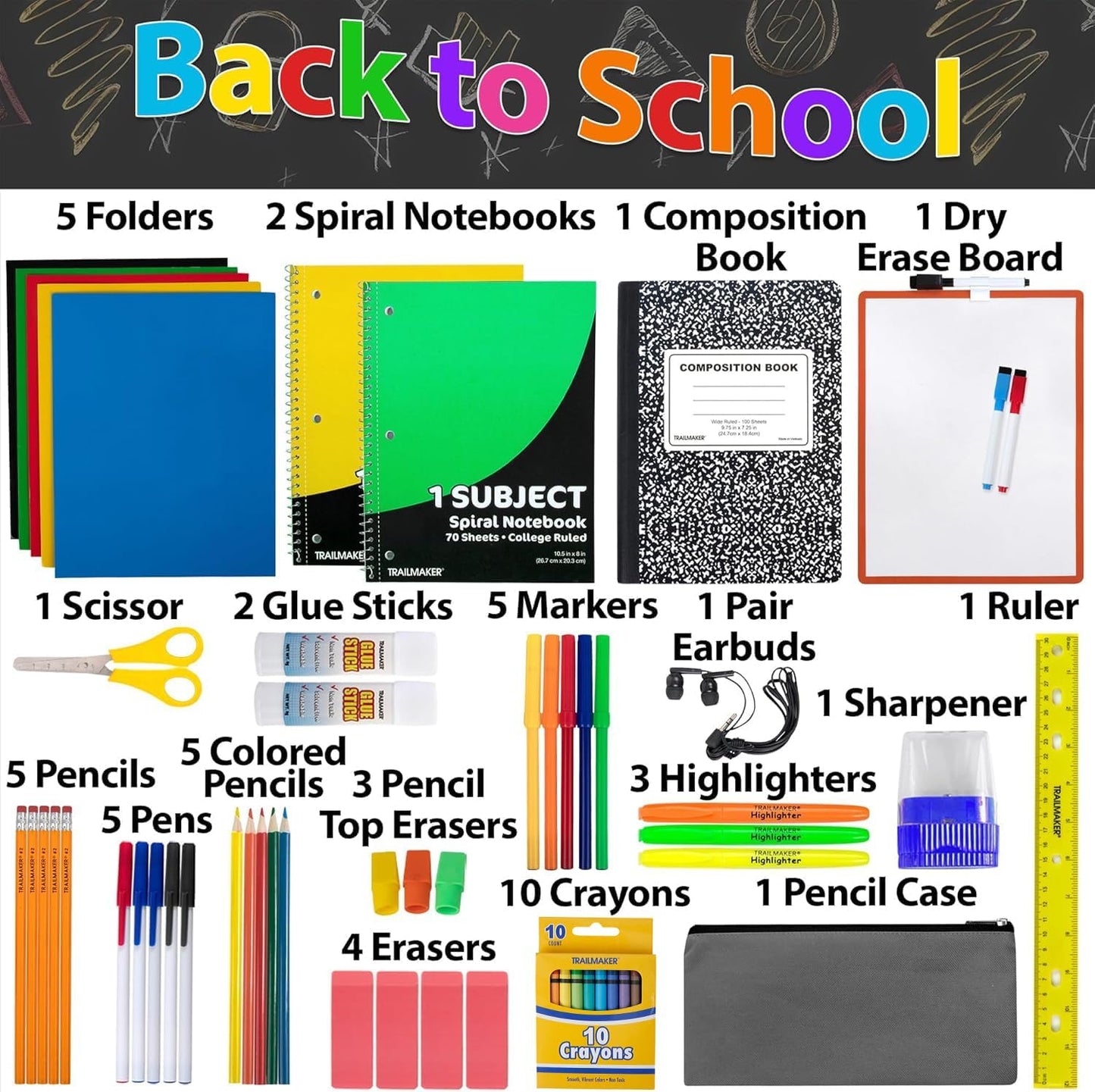 Trail maker Back to School Supplies 60 Piece Bundle Kit for Girls, Boys, Kids, Back to School Supply Box Set Includes Notebooks, Folders, Composition Book, Headphones, Ruler, and More