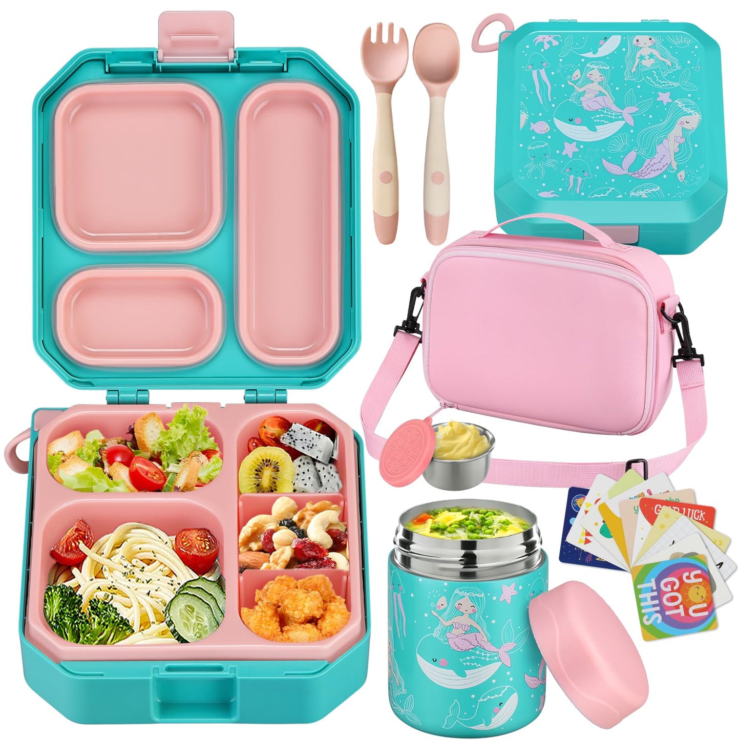 Bento Lunch Box for Kids with 12oz Soup Thermo Leak-Proof Lunch Food Container with 5 Compartment Thermo Hot Food Jar and Insulated Lunch Bag for Kid Toddler Girls Boys to School
