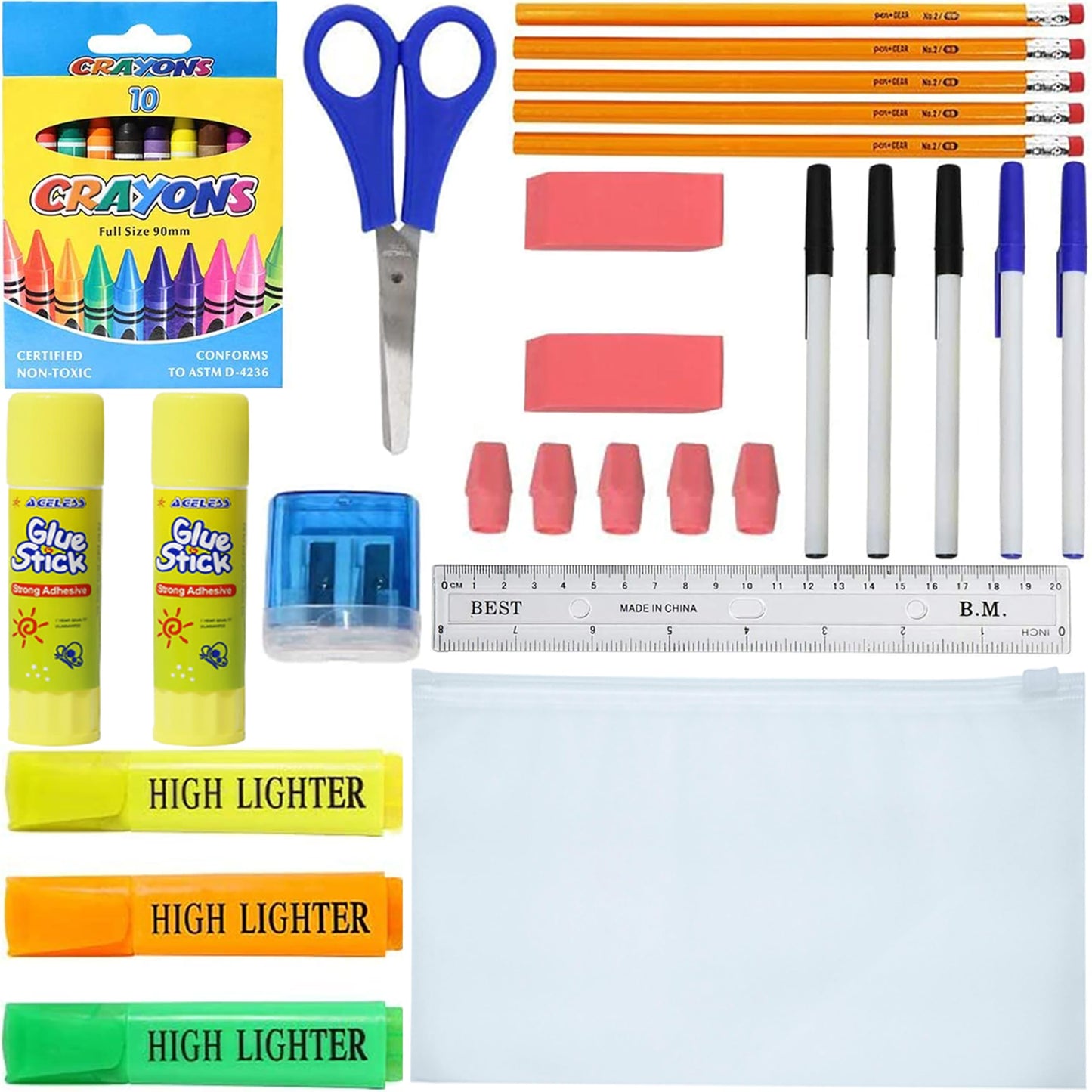 52 Piece Bulk School Supplies Kit for K-12 - Pens, Pencils, Crayons, and More - Essential Box of School Supplies for Elementary, Middle, and High School Students
