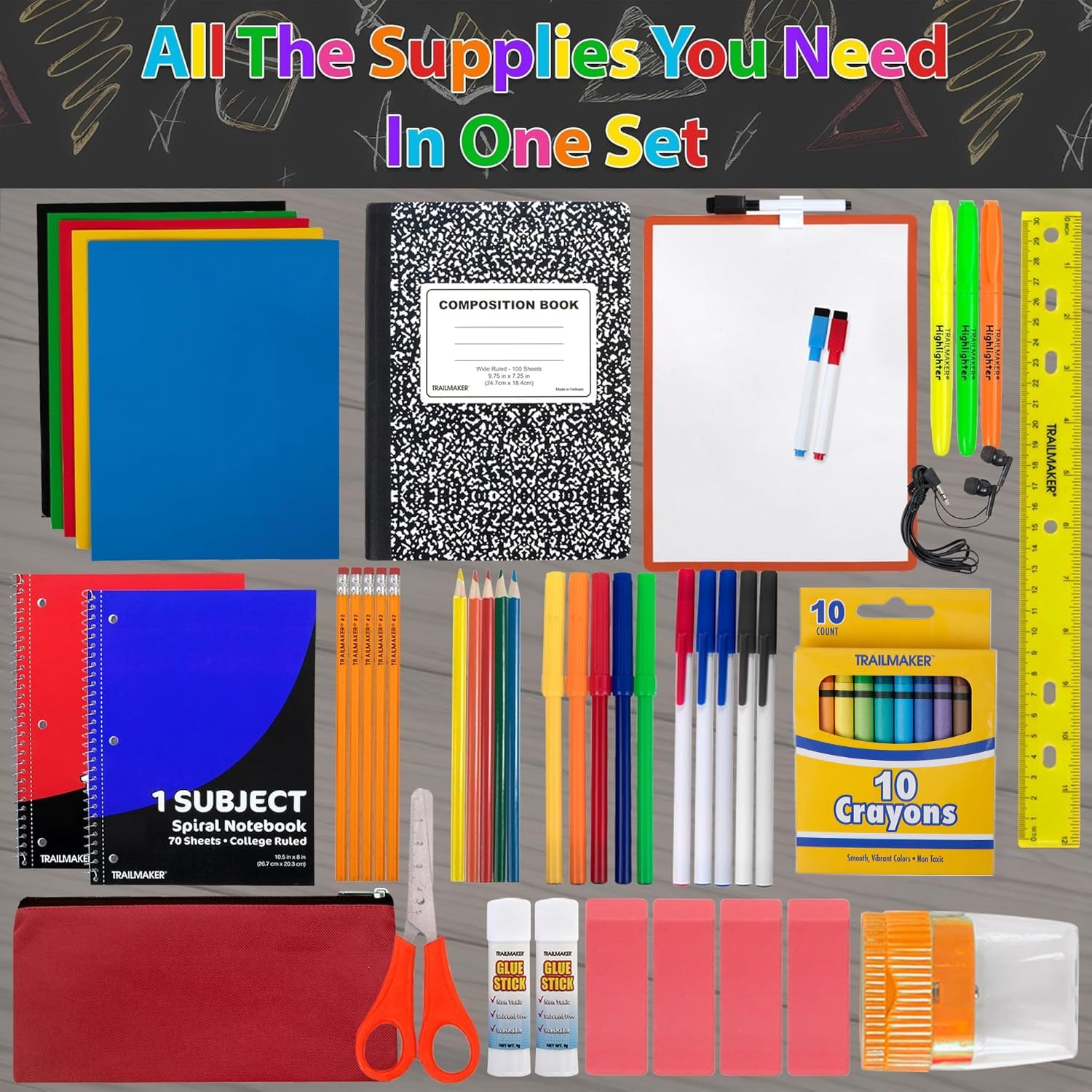 Trail maker Back to School Supplies 60 Piece Bundle Kit for Girls, Boys, Kids, Back to School Supply Box Set Includes Notebooks, Folders, Composition Book, Headphones, Ruler, and More
