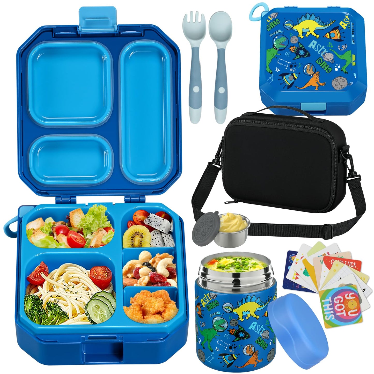 Bento Lunch Box for Kids with 12oz Soup Thermo Leak-Proof Lunch Food Container with 5 Compartment Thermo Hot Food Jar and Insulated Lunch Bag for Kid Toddler Girls Boys to School