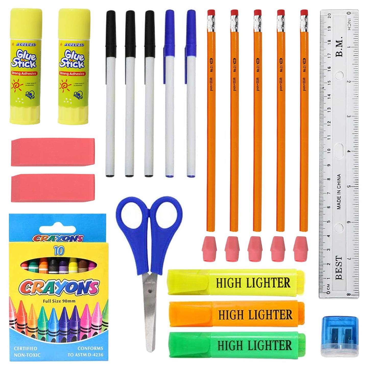 52 Piece Bulk School Supplies Kit for K-12 - Pens, Pencils, Crayons, and More - Essential Box of School Supplies for Elementary, Middle, and High School Students