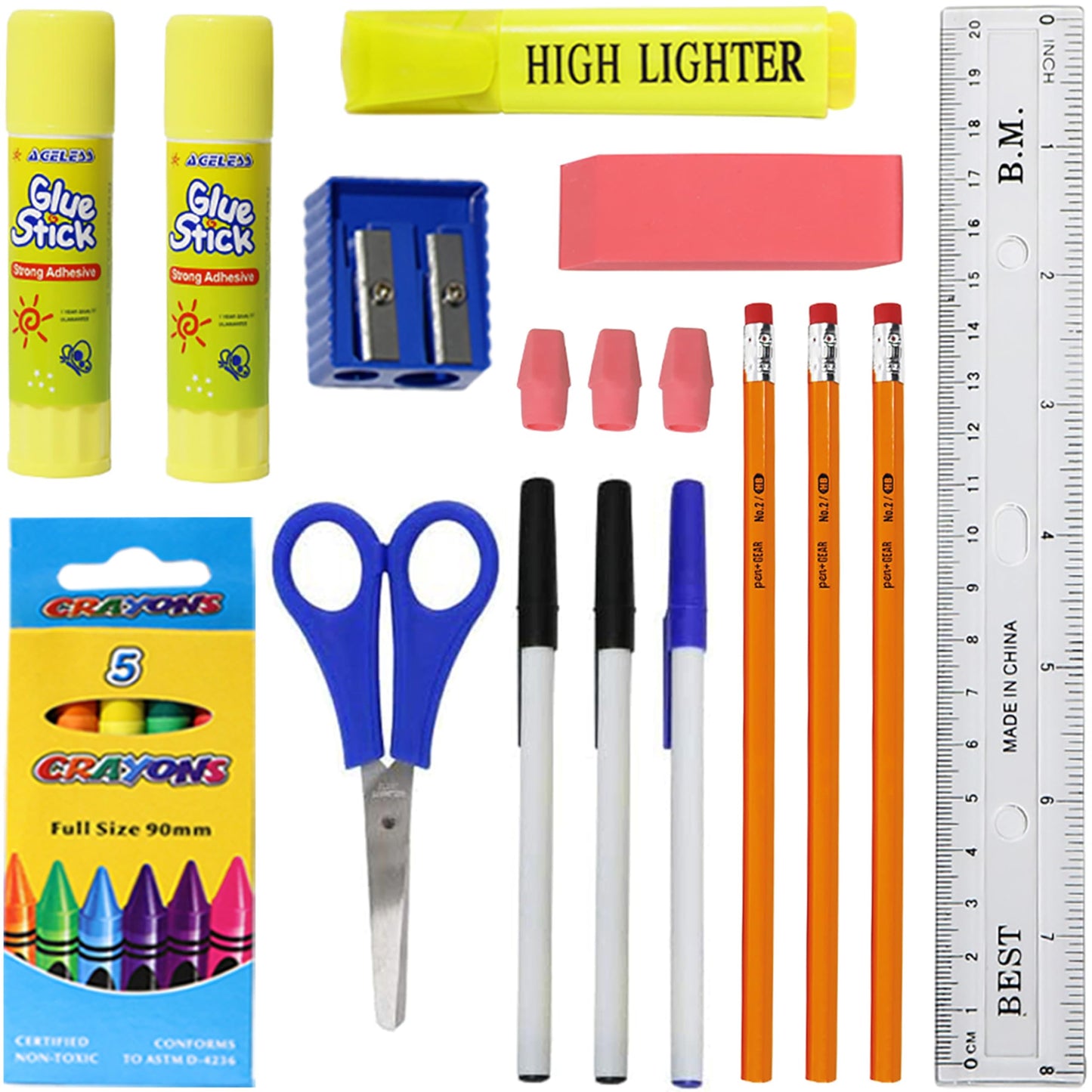 52 Piece Bulk School Supplies Kit for K-12 - Pens, Pencils, Crayons, and More - Essential Box of School Supplies for Elementary, Middle, and High School Students