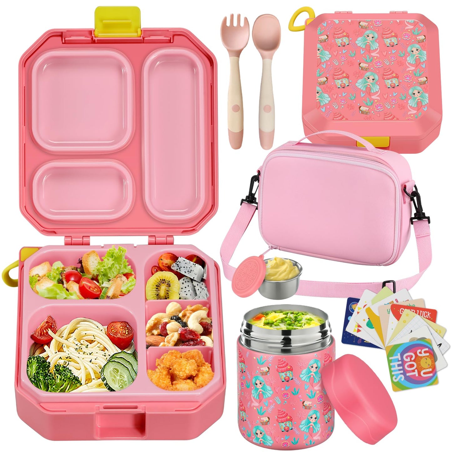 Bento Lunch Box for Kids with 12oz Soup Thermo Leak-Proof Lunch Food Container with 5 Compartment Thermo Hot Food Jar and Insulated Lunch Bag for Kid Toddler Girls Boys to School