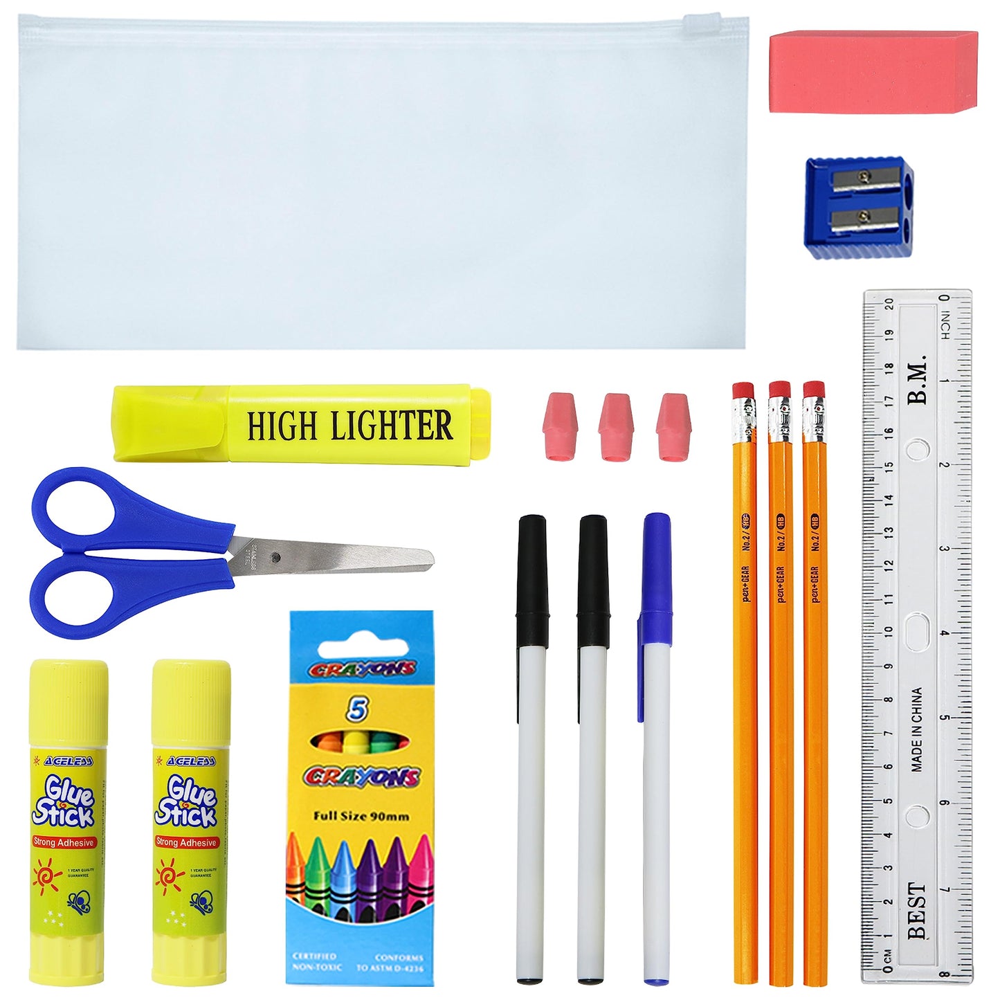52 Piece Bulk School Supplies Kit for K-12 - Pens, Pencils, Crayons, and More - Essential Box of School Supplies for Elementary, Middle, and High School Students