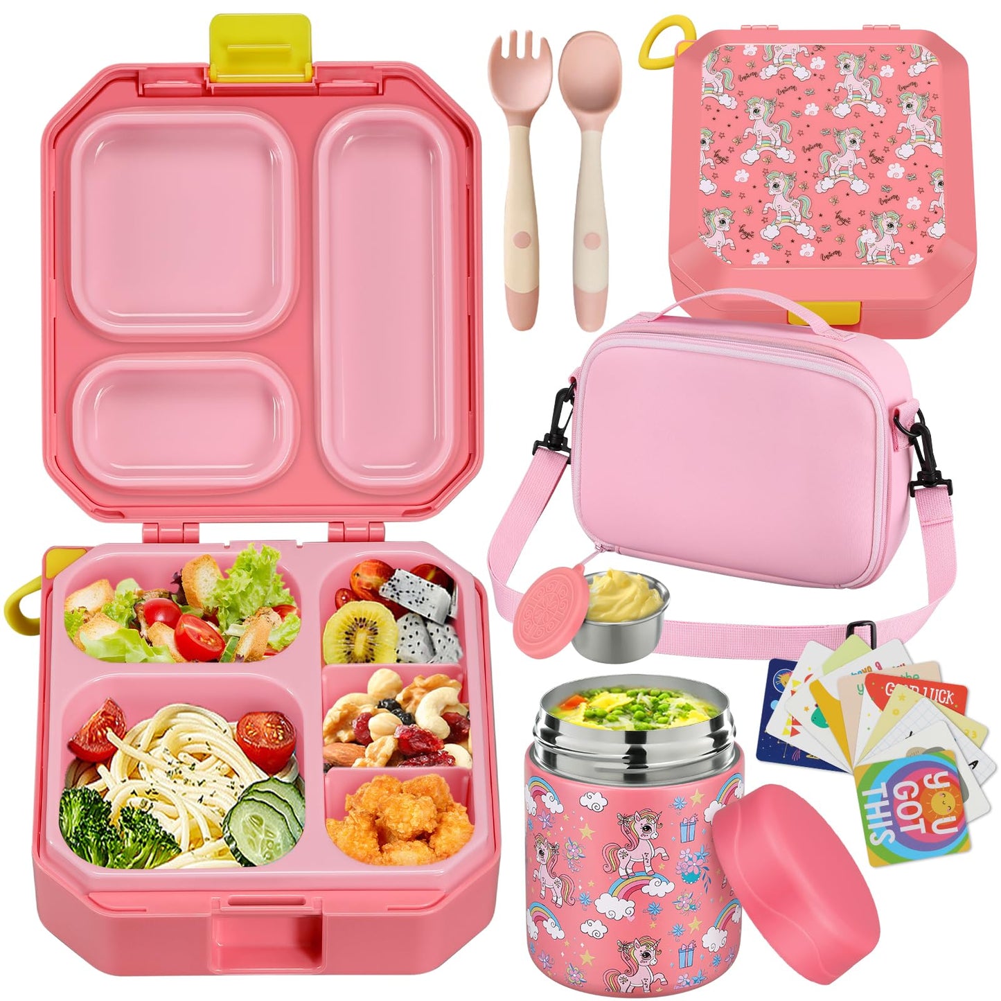 Bento Lunch Box for Kids with 12oz Soup Thermo Leak-Proof Lunch Food Container with 5 Compartment Thermo Hot Food Jar and Insulated Lunch Bag for Kid Toddler Girls Boys to School