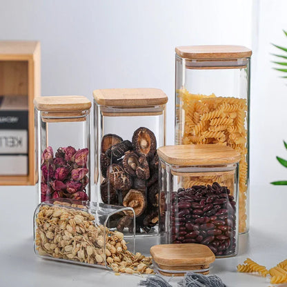 Square bamboo lid sealed transparent glass jar Food tea multi-grain storage jar Coffee storage jar Large capacity spice jar