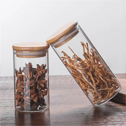 300ml Clear Glass Jar Sealed Canister Food Storage Container for Kitchen Loose Tea Coffee Bean Sugar Salt with Bamboo Lid