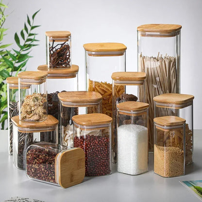 Square bamboo lid sealed transparent glass jar Food tea multi-grain storage jar Coffee storage jar Large capacity spice jar