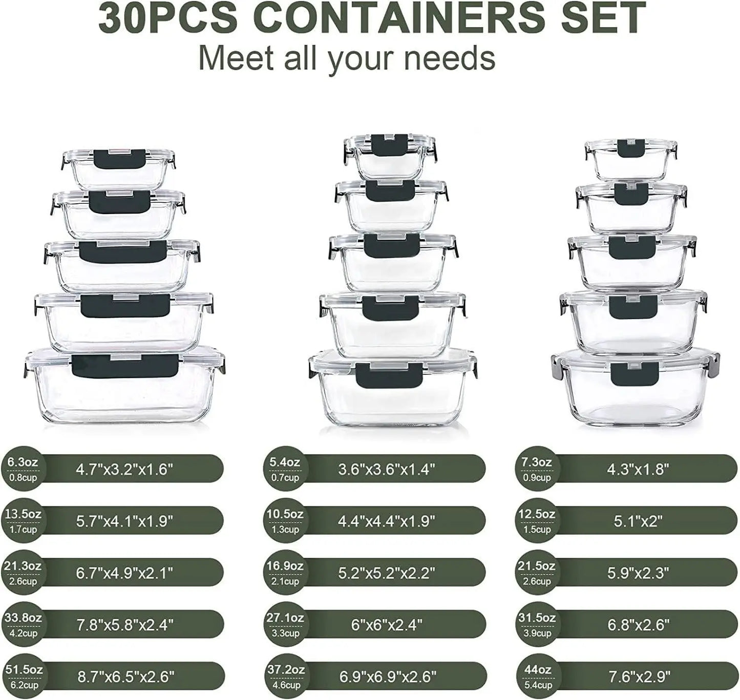 30 Pieces Glass Food Storage Containers