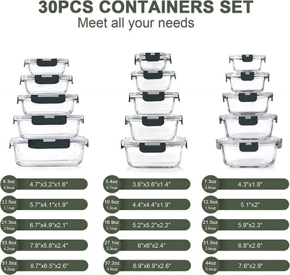 30 Pieces Glass Food Storage Containers