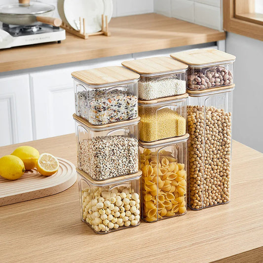 PET Plastic Food Sealed Storage Box with Bamboo Lid Coffee Beans Kitchen Storage Containers Kitchen Container Organizer