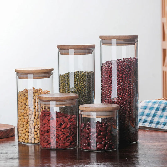 300ml Clear Glass Jar Sealed Canister Food Storage Container for Kitchen Loose Tea Coffee Bean Sugar Salt with Bamboo Lid