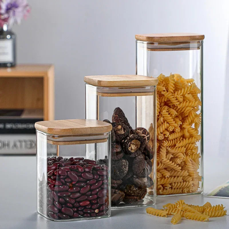 Square bamboo lid sealed transparent glass jar Food tea multi-grain storage jar Coffee storage jar Large capacity spice jar