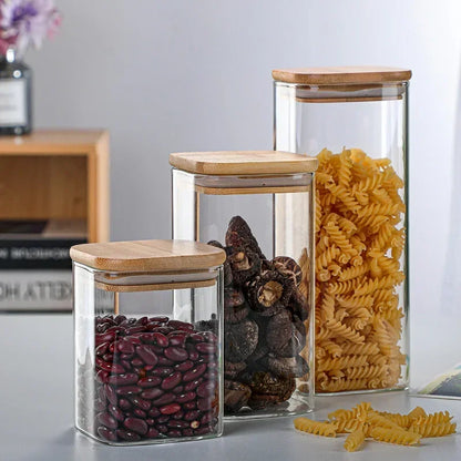 Square bamboo lid sealed transparent glass jar Food tea multi-grain storage jar Coffee storage jar Large capacity spice jar