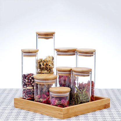 300ml Clear Glass Jar Sealed Canister Food Storage Container for Kitchen Loose Tea Coffee Bean Sugar Salt with Bamboo Lid