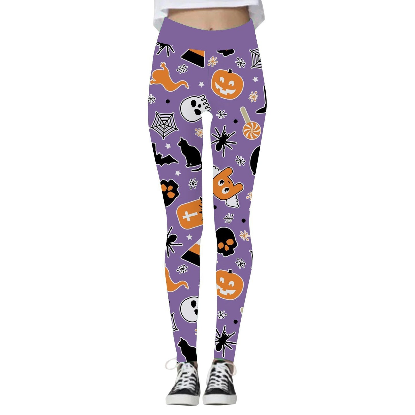 Halloween Women’s Yoga Pants – Pumpkin & Skull Print Activewear - SKY SUPPLYIFY 