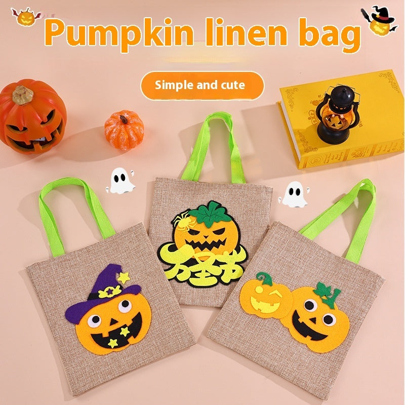 Halloween Pumpkin Design Burlap Handbag – Eco-Friendly Rustic Fall Tote for Halloween - SKY SUPPLYIFY 